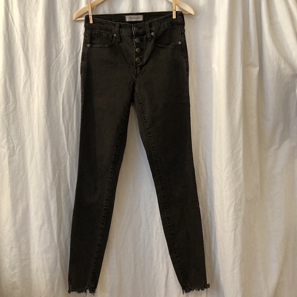Madewell 9” high rise skinny jeans, button fly, black, raw distressed hem, 26T - Picture 3 of 15